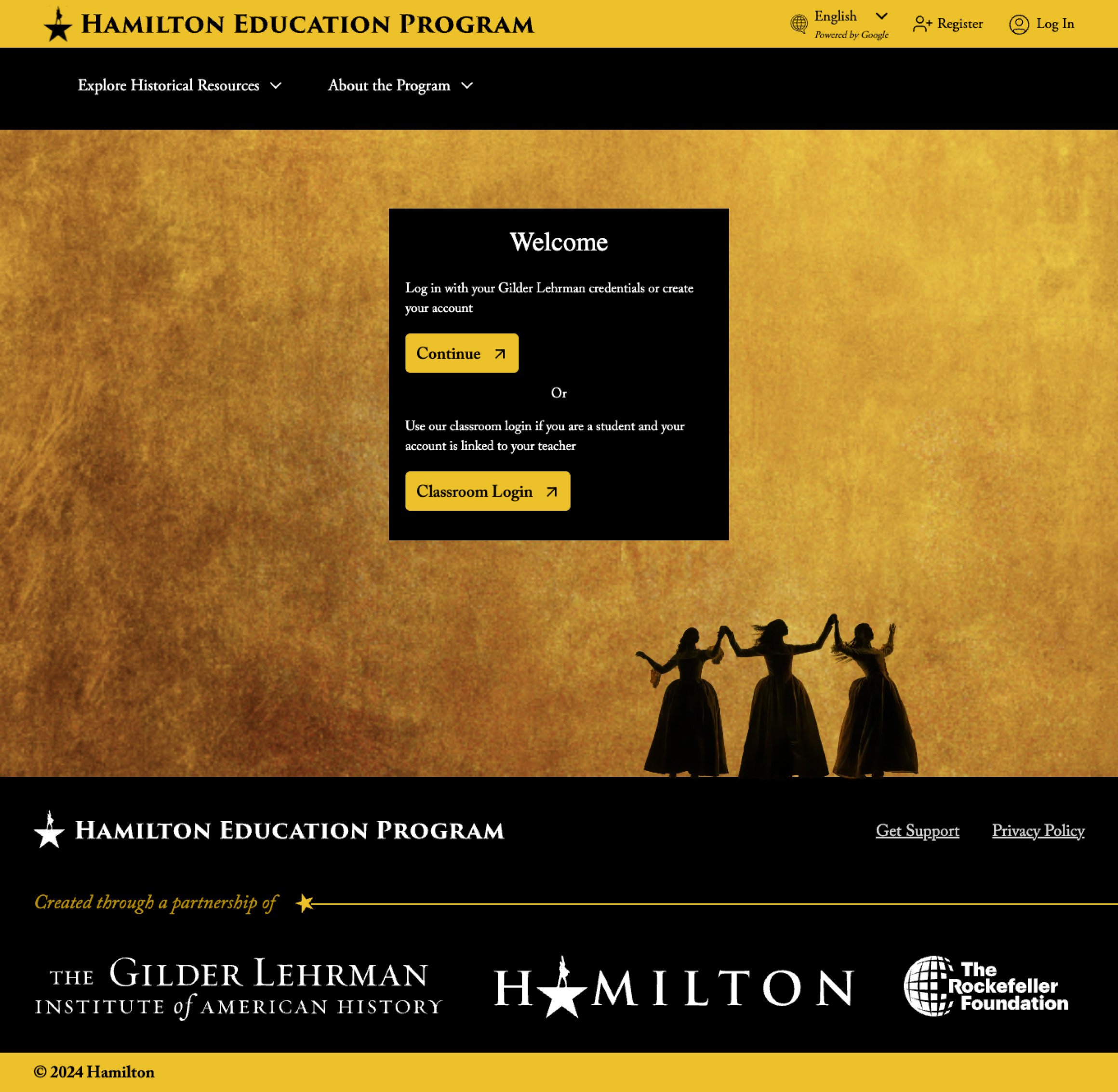 Single sign on page from Gilder Lehrman Hamilton site