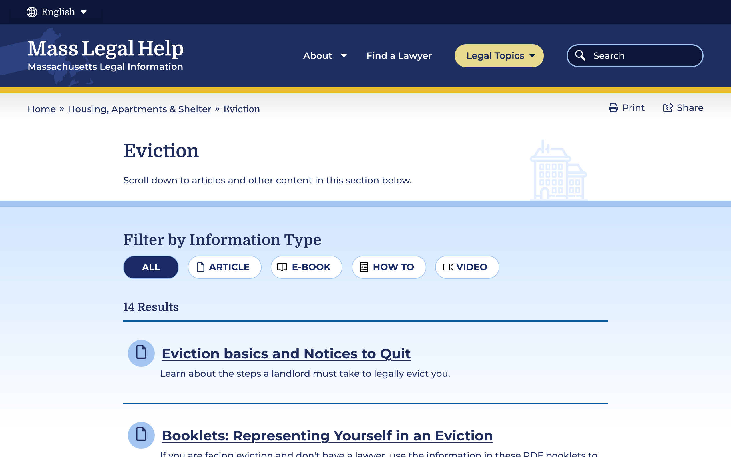 The Eviction page with a list of articles, booklets, and PDFs