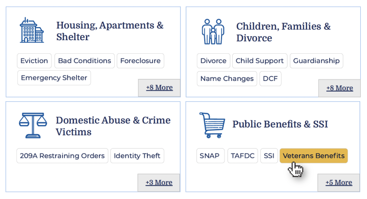 Category cards with iconography and exposed sub-categories