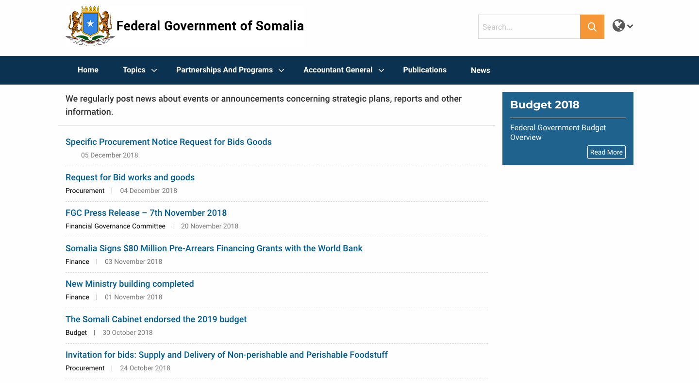 homepage of the ministry of finance, somalia