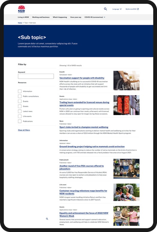 Screenshot of sub-topic page with search filters