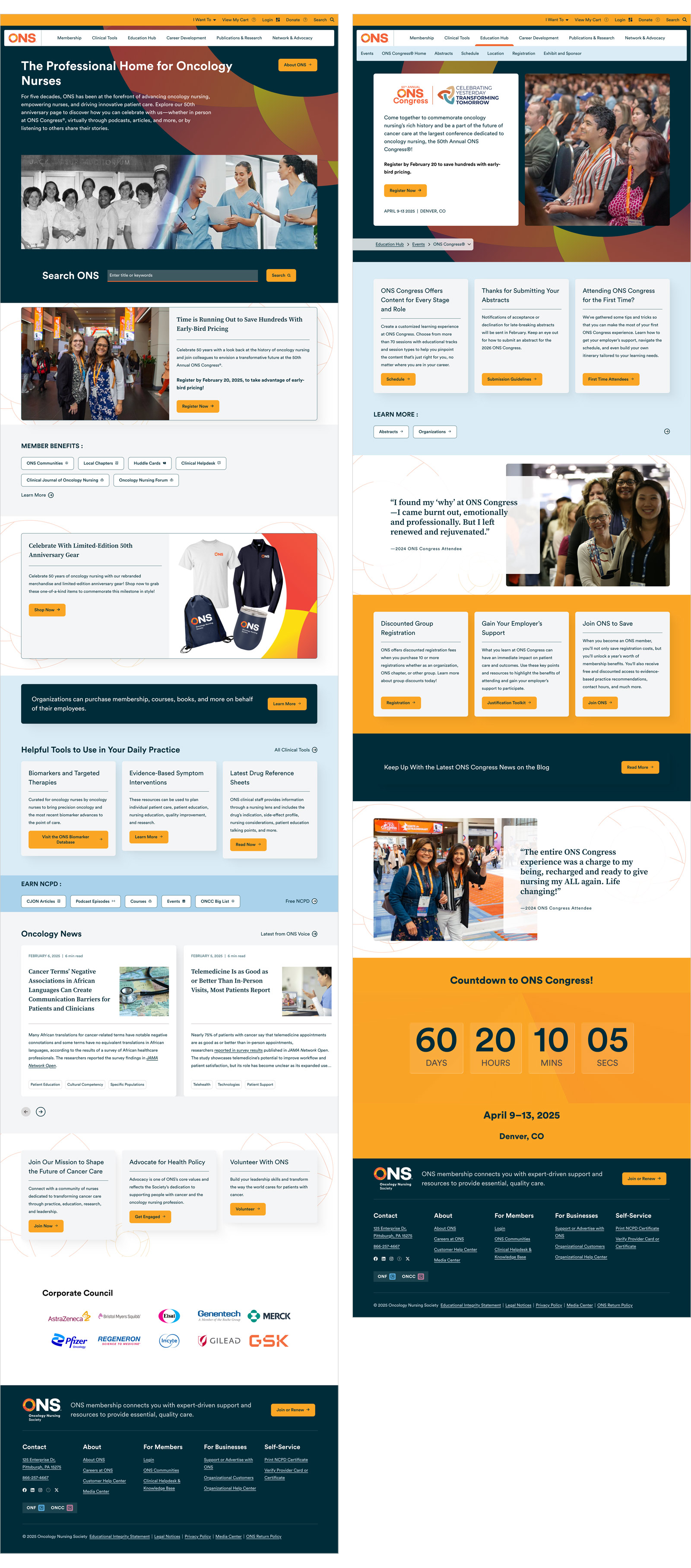 Side by side preview of the homepage and the ONS Congress page, which is their annual conference