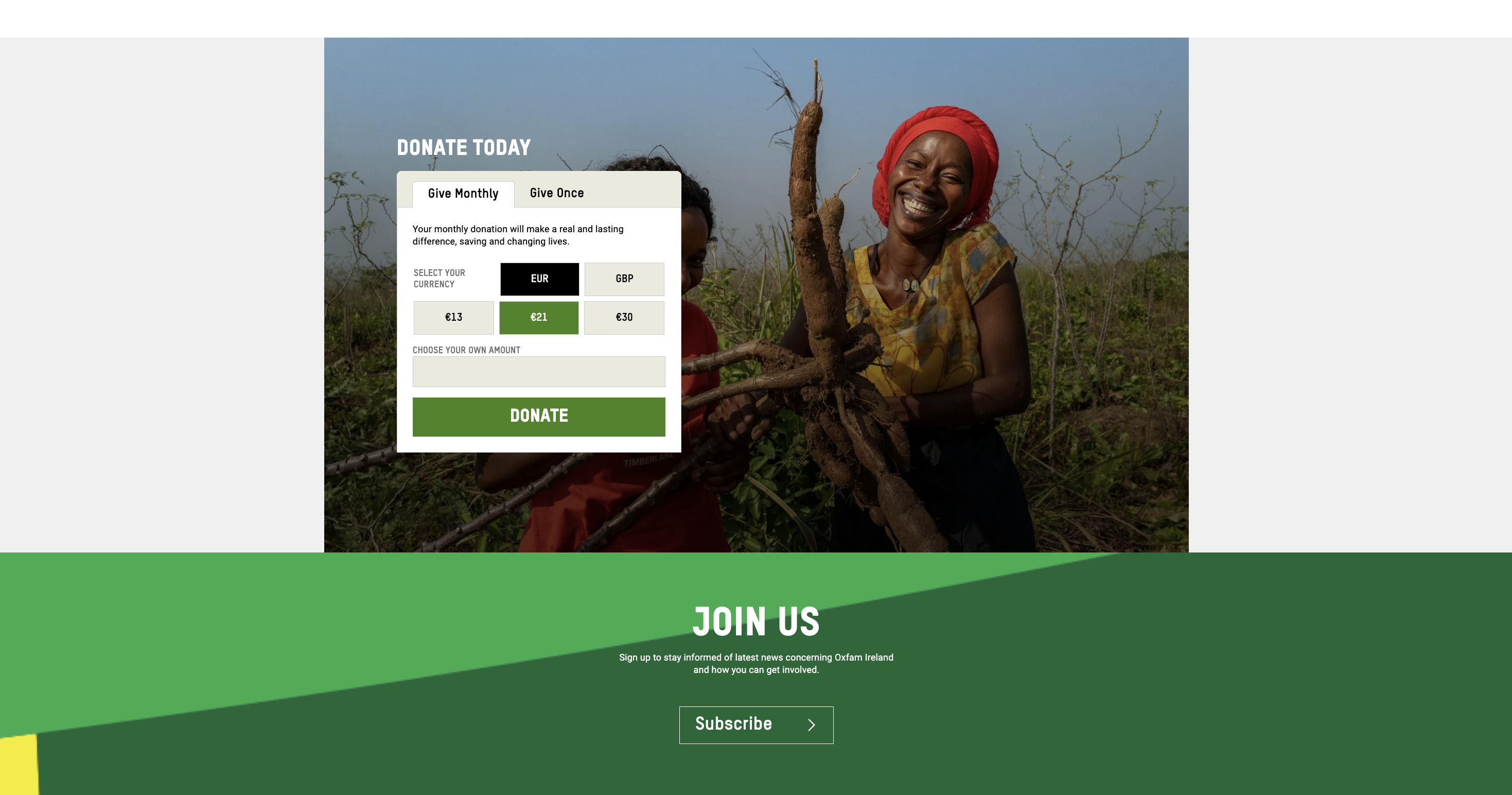 Screenshot showing the donation form and the 'join the newsletter' call-to-action on Oxfam's website.