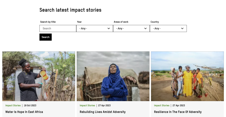 Screenshot of the impact story listing and search functionality.