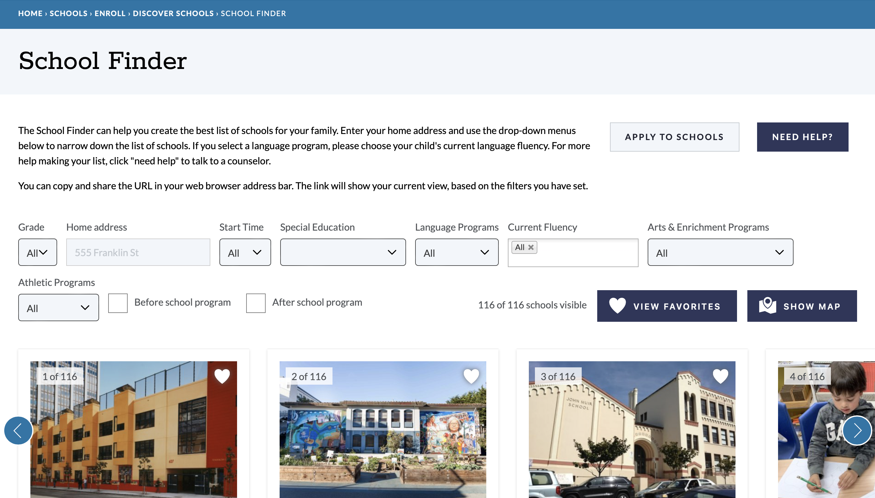  grade, home address, start time, special education, language programs, current fluency, arts & enrichment programs, athletic programs, etc