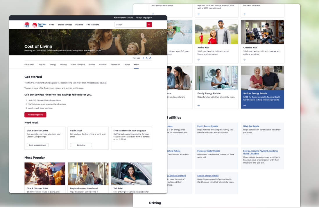 Cost of living page on Service NSW