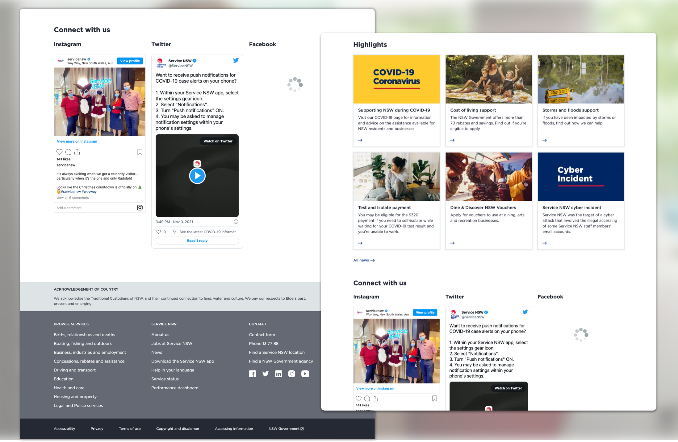 Connect with us and Highlights pages on Service NSW
