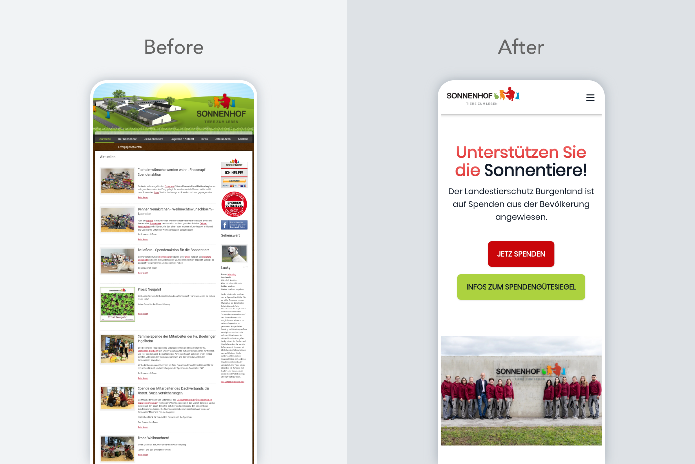 Sonnentiere before and after migration mobile screenshots