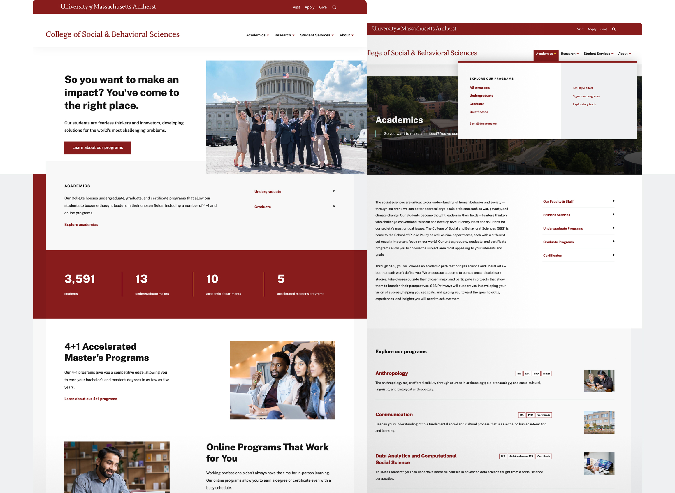 Two screenshots of the website for the College of Social and Behavioral Sciences