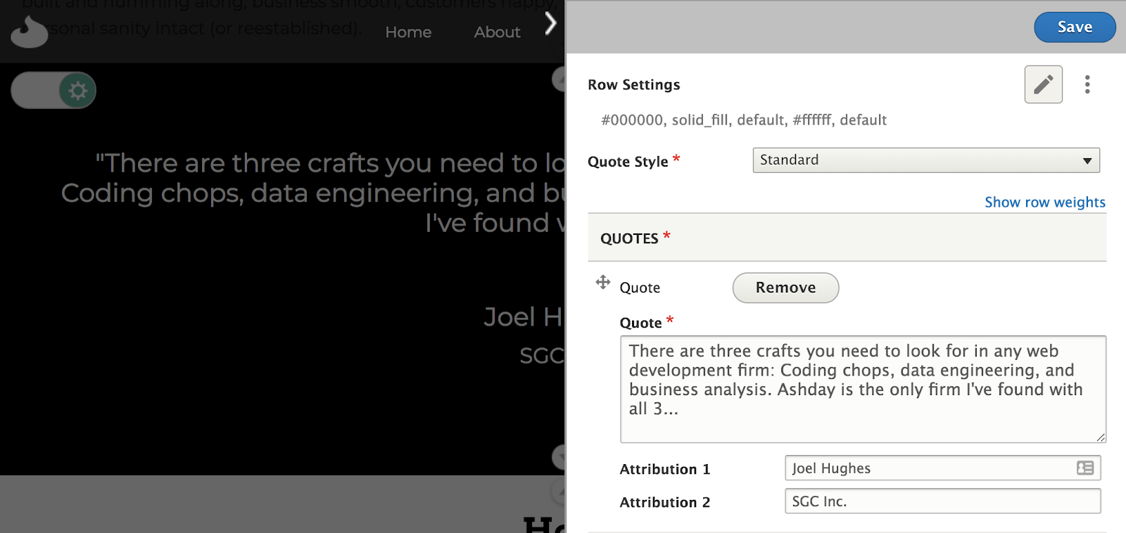 Admin slide-in config example for editing content on ashday.com
