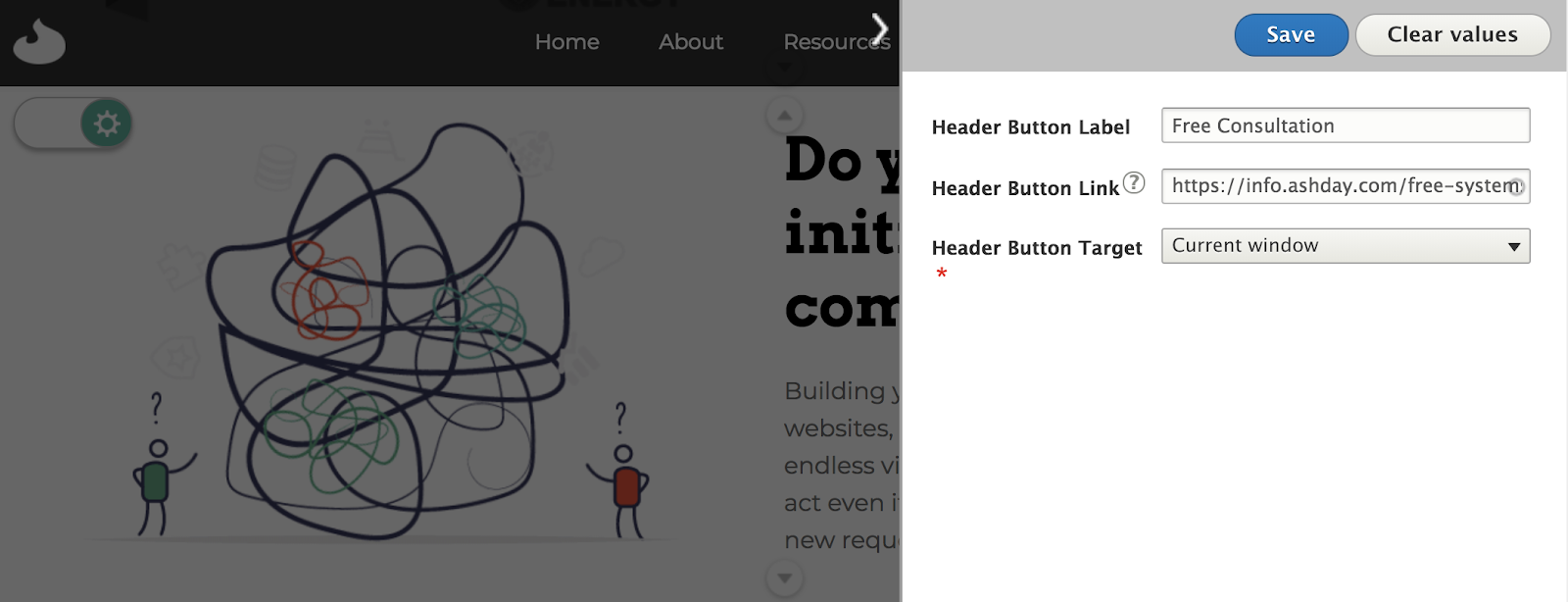 Admin slide-in menu displayed for editing header content of ashday.com