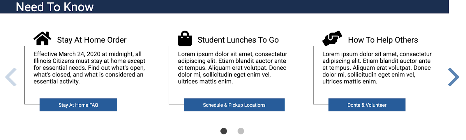 3 quick-info cards for critical information, such as a stay at home order 