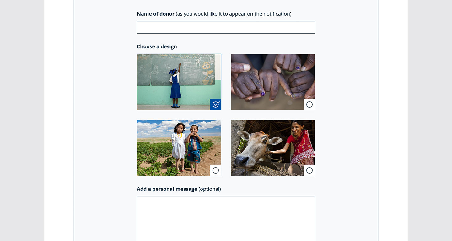 Users can dedicate their donation and print or send a message. 