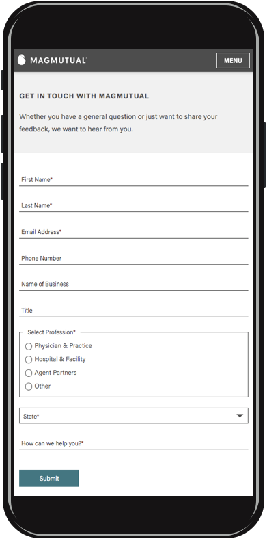 MagMutual contact form on mobile device 