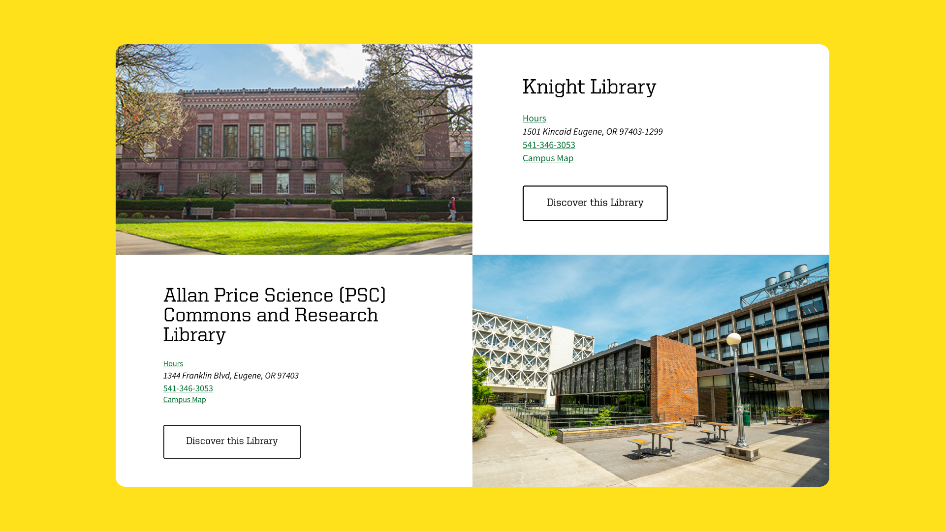 A University of Oregon Libraries website component informing the public about the libraries' visitor information.