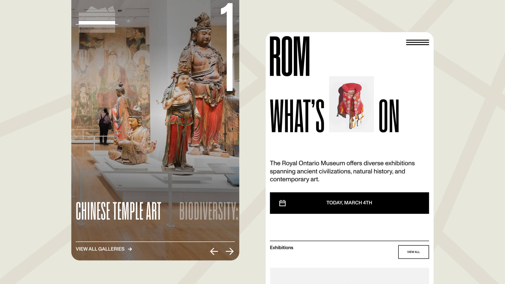 A showcase of the Royal Ontario Museum What's On Page with the listing of current exhibitions
