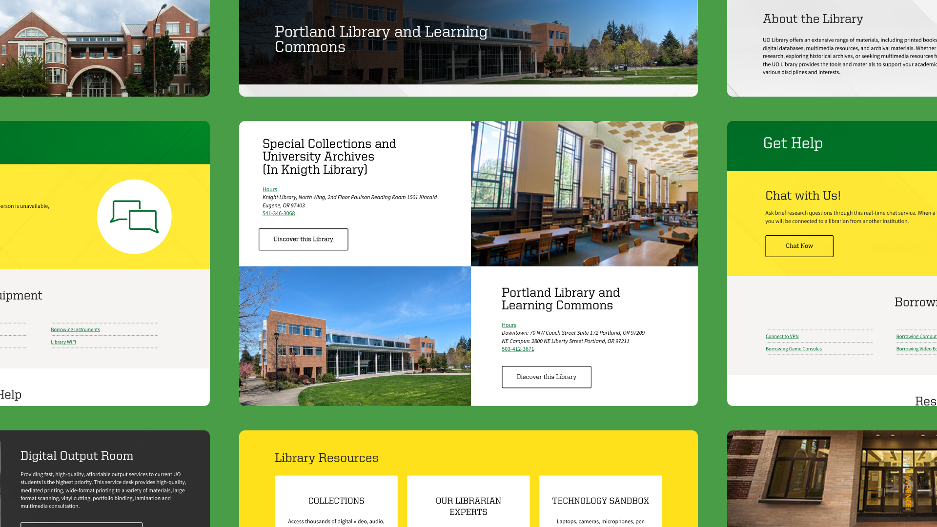 A showcase of the University of Oregon Libraries desktop website pages.