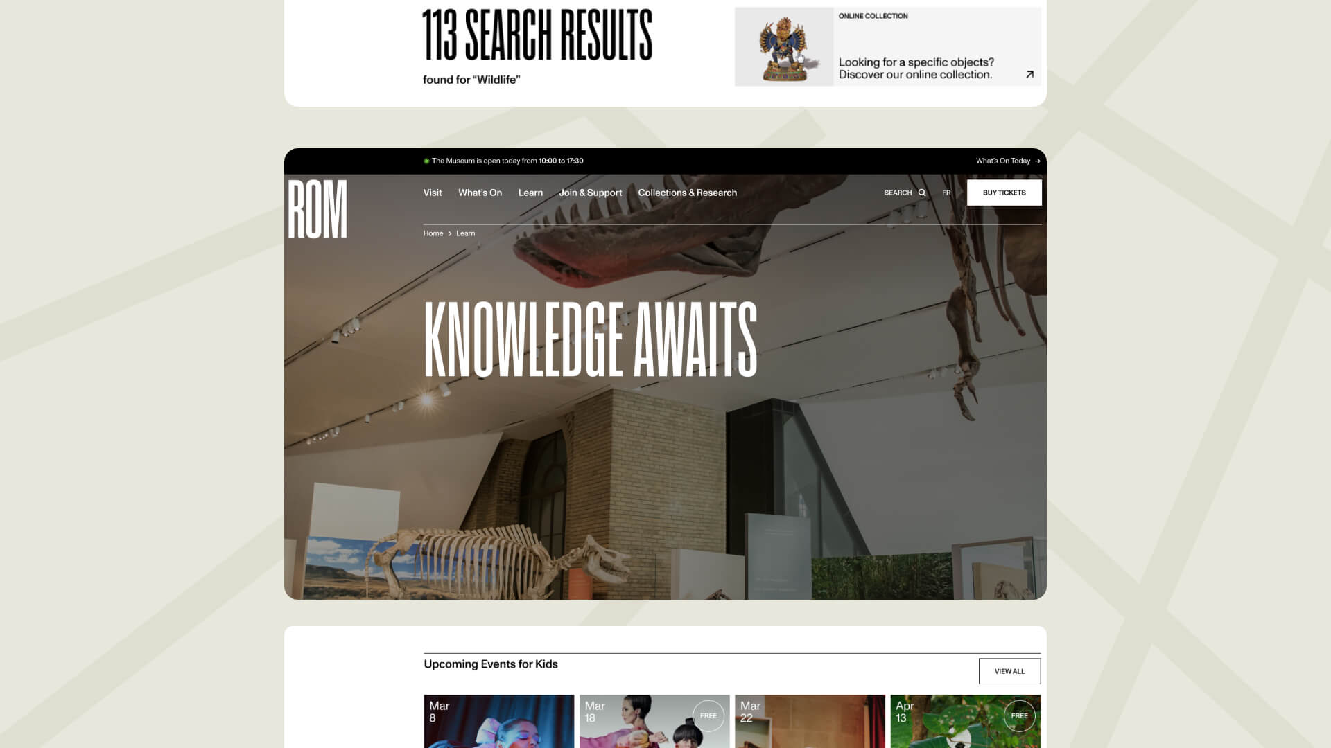 A showcase of the main page of the Royal Ontario Museum desktop website