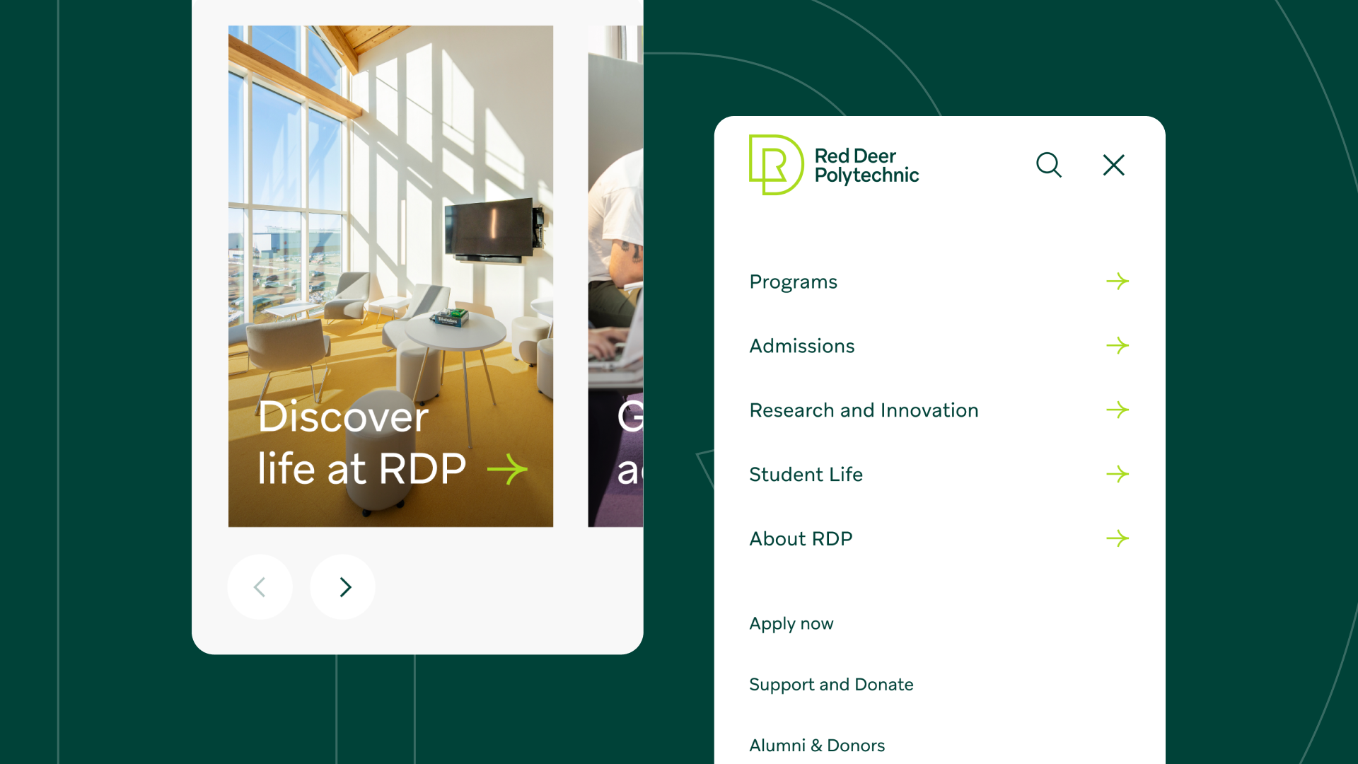 Screenshots of the Red Deer Polytechnic new menu and design style