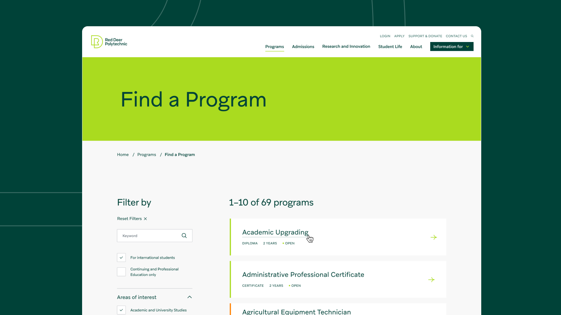 A showcase of the 'Find a Program' Red Deer Polytechnic website feature