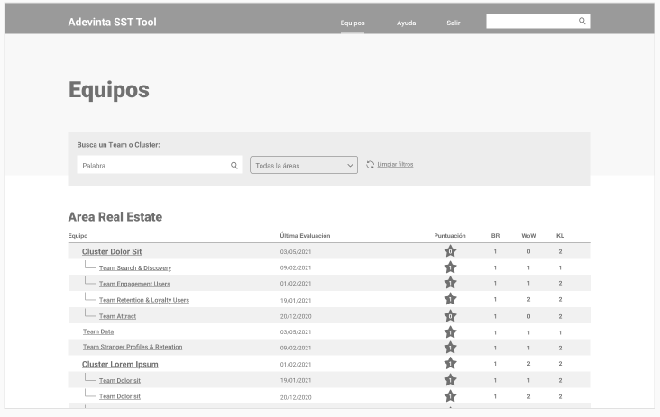 Frontend - teams - wireframes