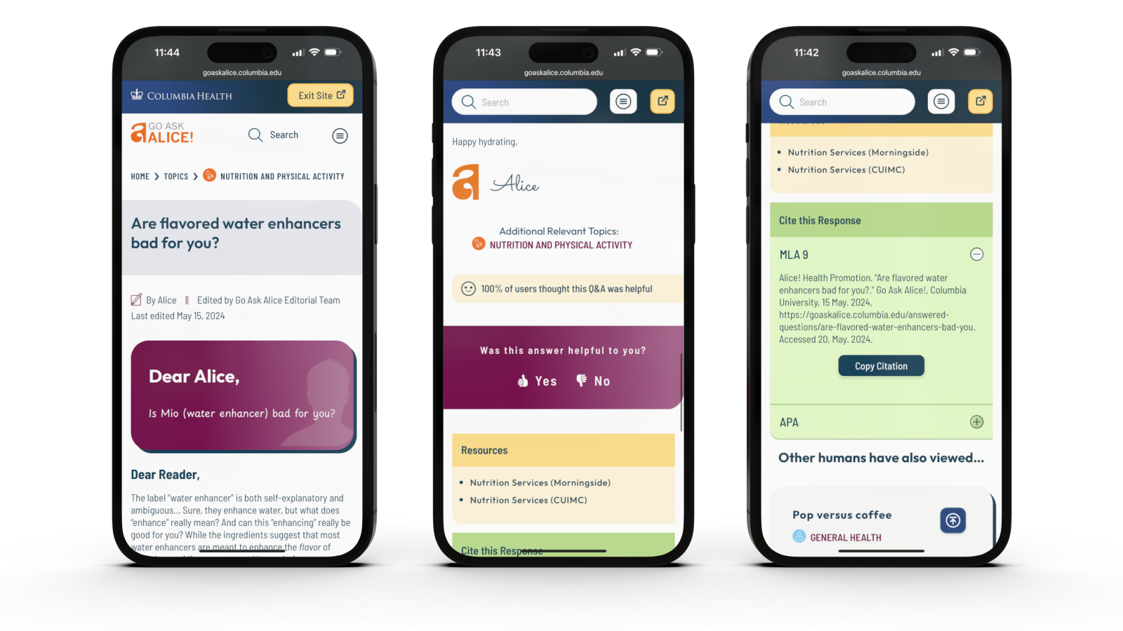 Three mobile screens showing additional features Oomph designed for Go Ask Alice!