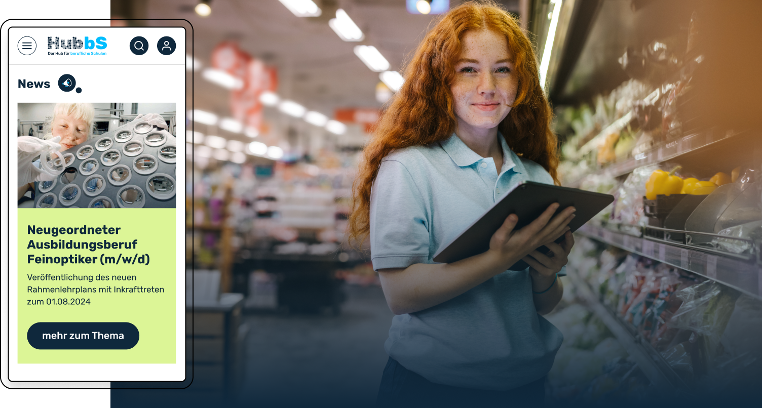 Young woman holding a tablet. Left side of the image are the hubbS-news and Searchmobile screens displayed.