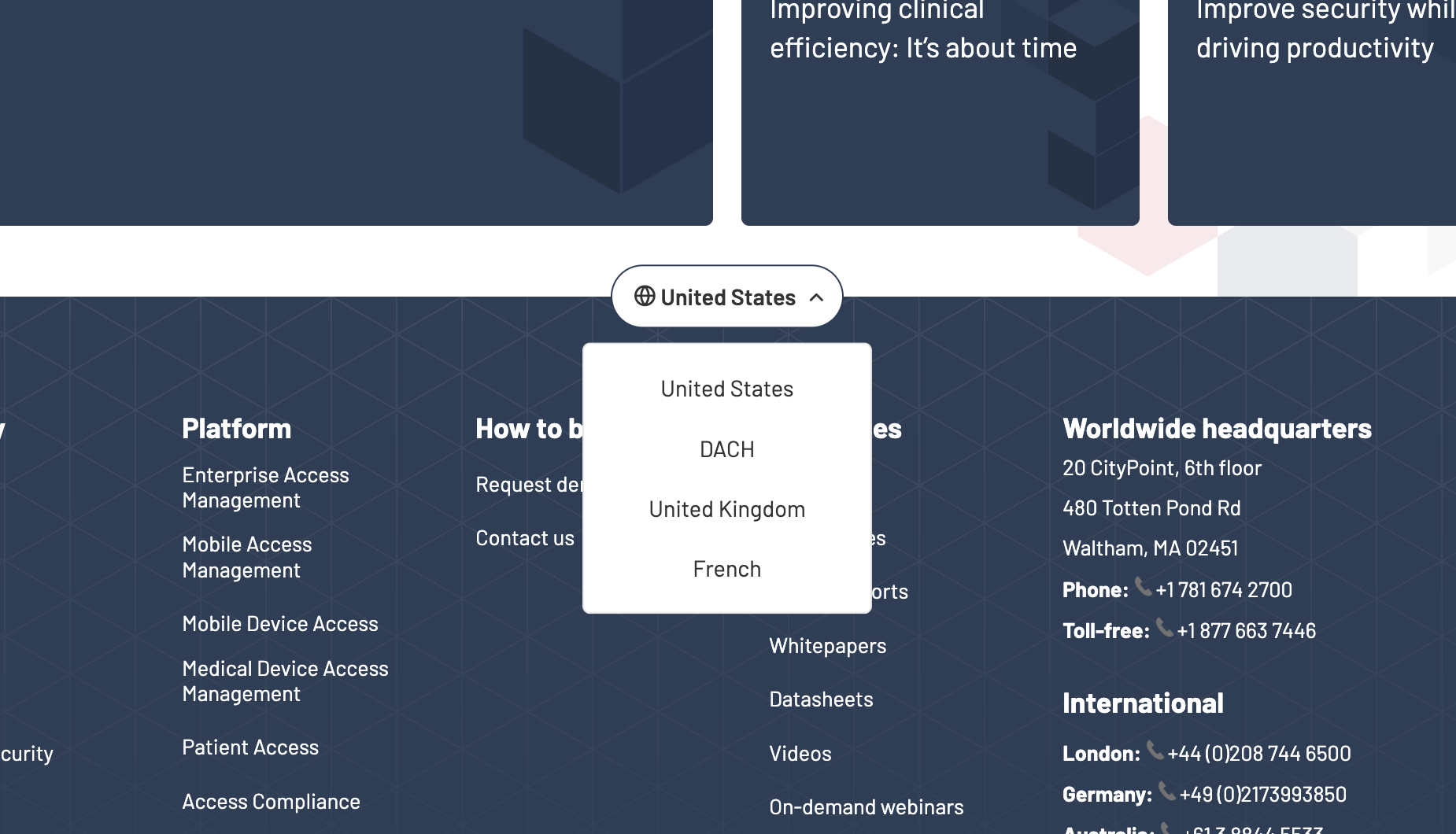 Screenshot of the language switcher in the footer of the Imprivata.com site
