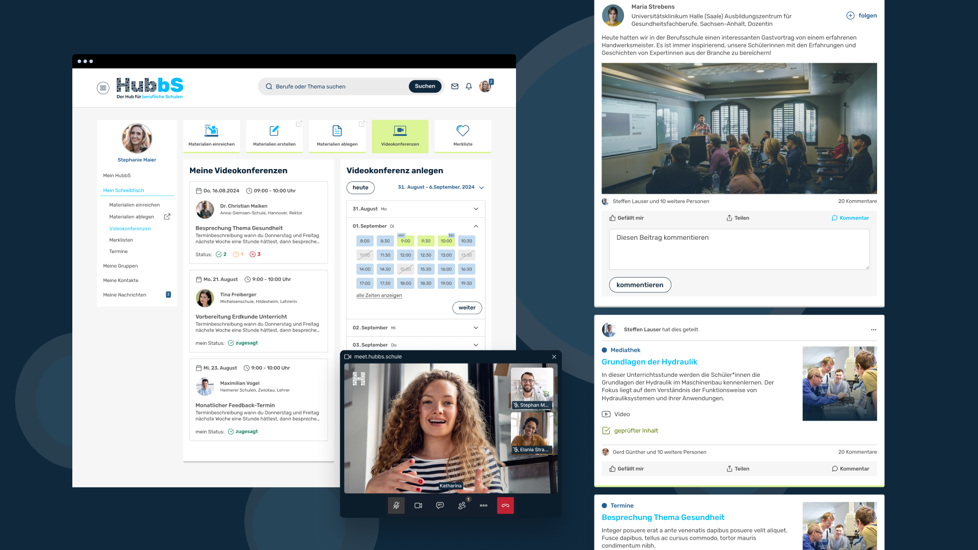 Preview images of the hubbs area for videocalls and a area showing the hubbS user posting area.