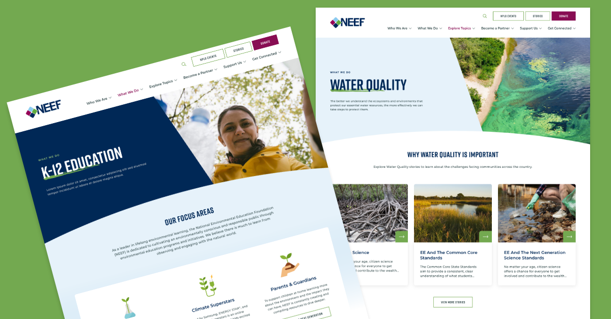Examples of a the flexibility of the design components, showing two pages with similar structures but different colors and arrangement of content
