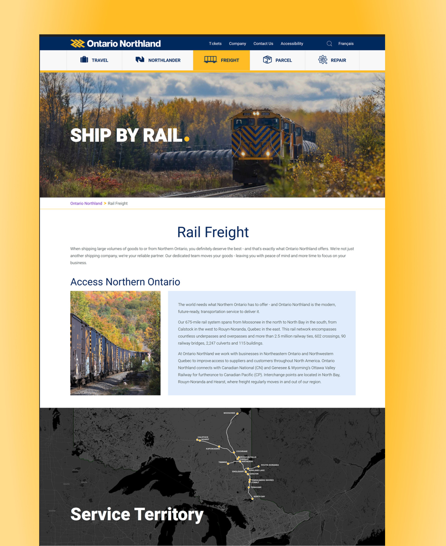 Themed landing page for Ontario Northlands Rail Freight Business line