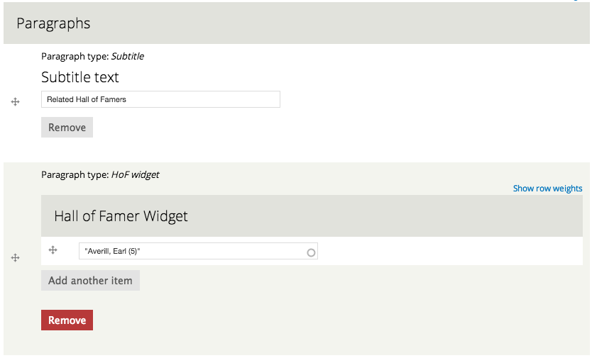 Two paragraph types: a subtitle and a reference to a Hall of Famer's profile