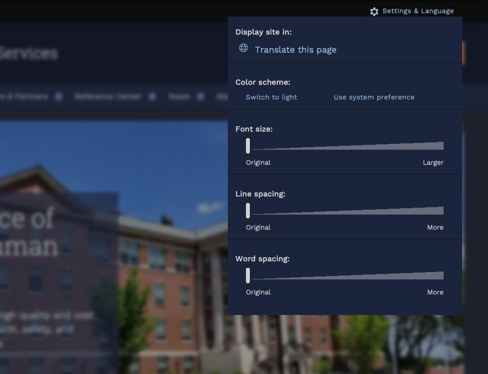 User preferences are stored per site and include color mode, font size, line height, and word spacing
